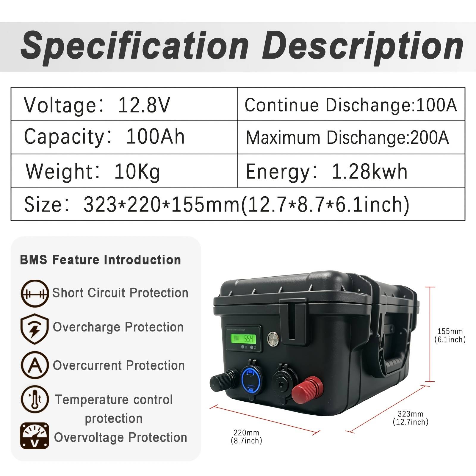 Brand New Lifepo4 12.8v 100ah Portable Lithium Iron Phosphate Battery Pack For Boat/solar System/fishing/kayak/ups