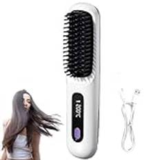 Brusheo Heated Brush,Mini Ionic Hot Comb Straightener,Negative Ion Hot Comb Hair Straightener,Cordless Portable Hair Straightener Brush,3 Temp Settings,USB Rechargeable,for All Hair Types (White)