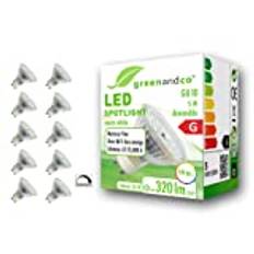 10x greenandco® CRI 90+ LED-spot dimbar ersätter 36W GU10 halogenstrålkastare, 5W 320lm 3000K varmvit 110° 230V AC, flimmerfri