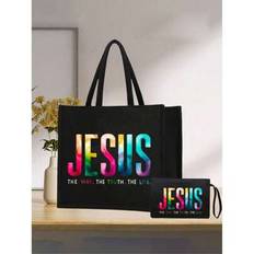Simple Handbag&Makeup Bag With "Jesus" Cross Colored Print, Black Mesh Bag Two Pieces Set, Storage Bag, Washing Bag, Suitable For Women's Cosmetics St - Black - Small Bag (1 Piece),Large Bag (1 Piece),Big Bag + Small Bag (1 Set)