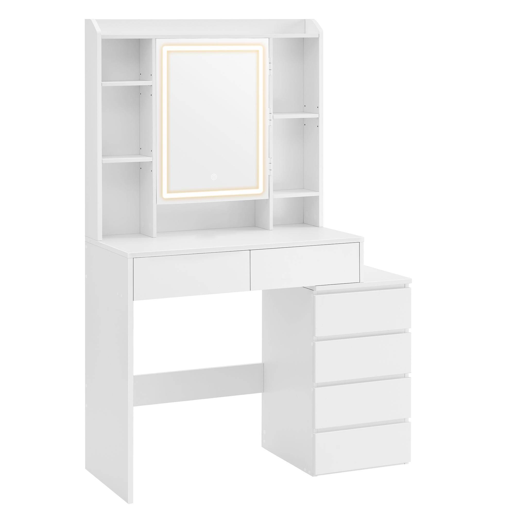 Makeupbord med LED-lys, spejl og skuffer - 40 × 98,3 × 145 cm, moderne toiletbord i cloud hvid