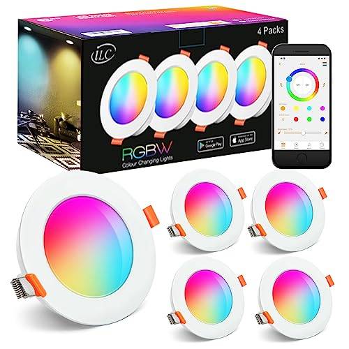 LED Einbaustrahler 8W (ersetzt 60W), RGBW mit APP-Steuerung 3 Zoll, Rund Deckenspots IP44 Warmweiß 2700K Einbauleuchte RGB Farbwechsel Farbige für Schrank, Küche, Wohnzimmer, Schlafzimmer (4er-Pack)