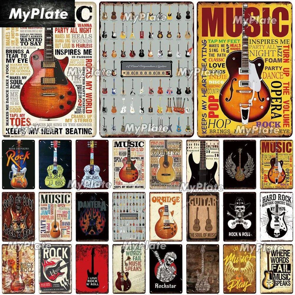 Musik Gitar Vintage Metallskylt Plåtskylt Rock Plaque Hem Väggdekor Barskylt Heminredning Country Poster Drop Shipping
