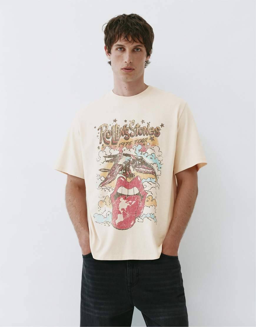 Pull&Bear Rolling Stones t-shirt i offwhite-vit