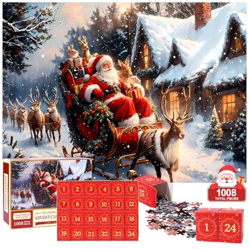 Adventskalender 2025 Julpussel, 24 Lådor med 1008 Delar Julkalender med Nedräkning av Jultomten, Julklappar för Vuxna och Barn