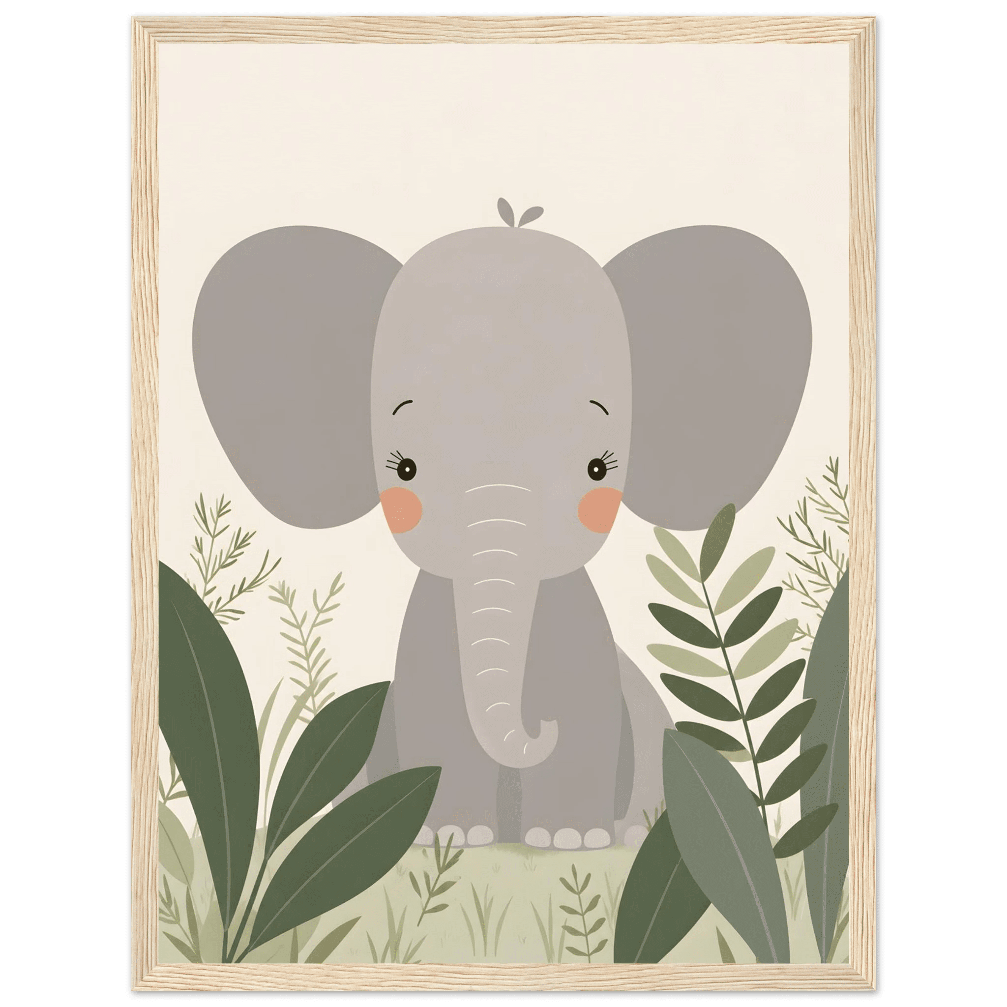 Elefant i djungeln poster-30x40 cm / 12x16″ / Med ram / Ljust trä