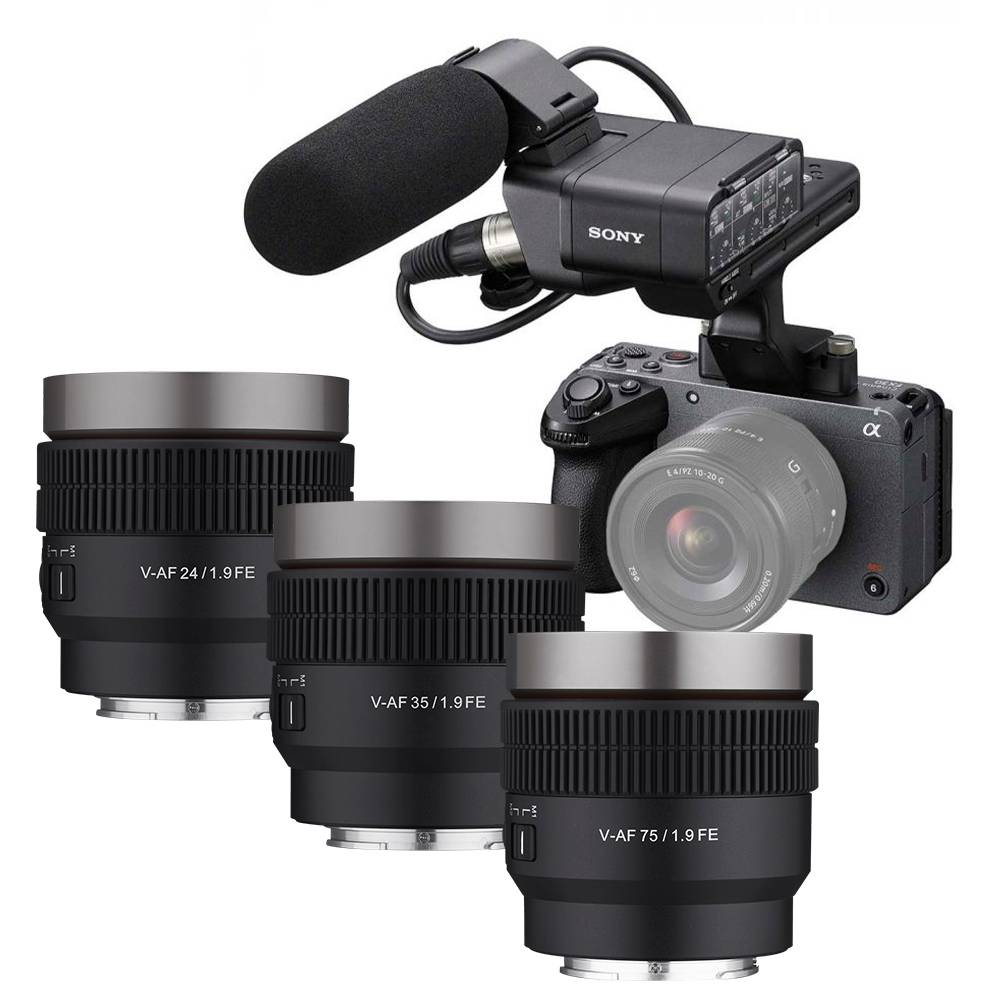 Sony FX30 med XLR-handtag + Samyang V-AF 24mm, 35mm, 75mm T1.9 Kit