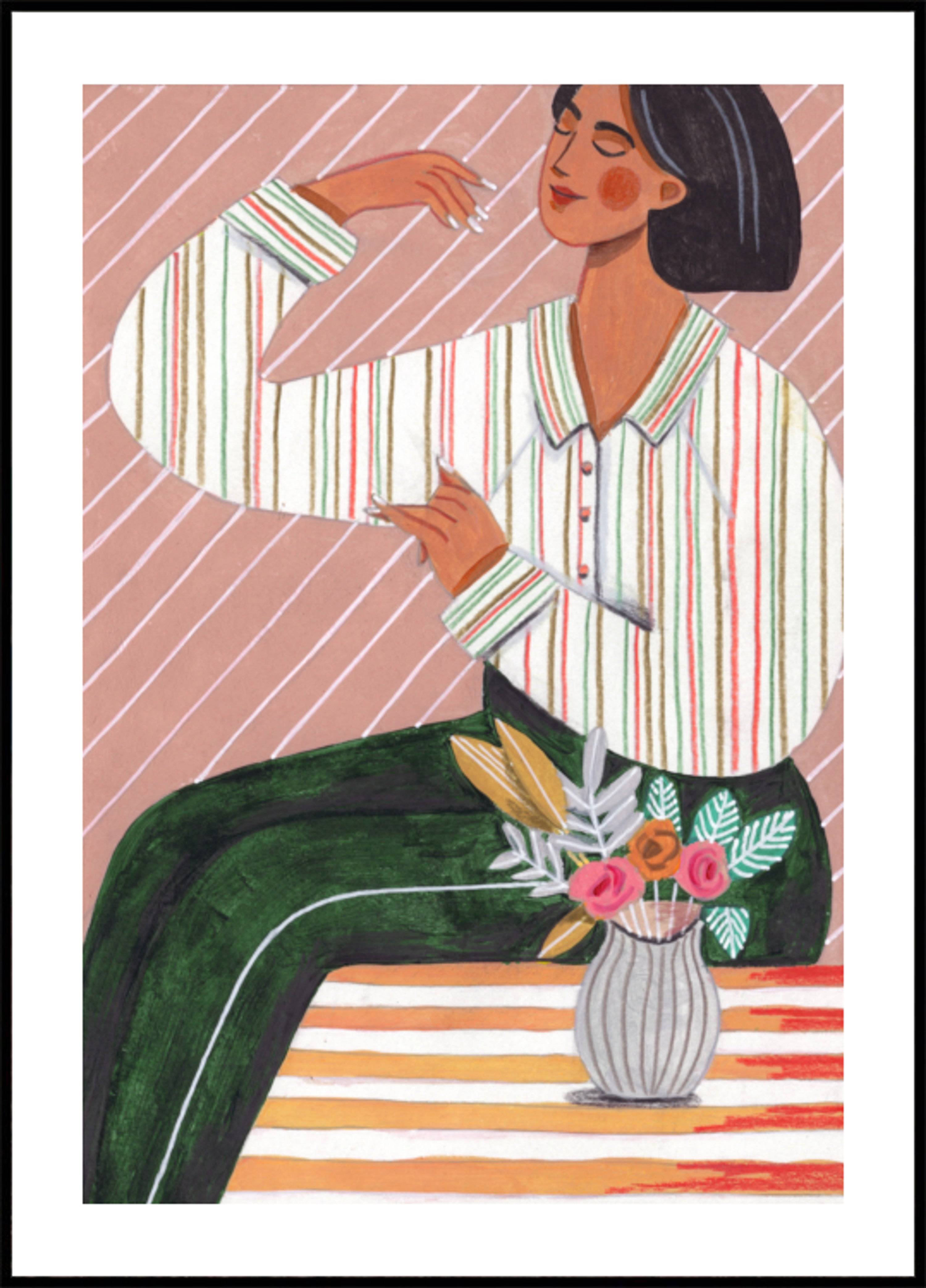Woman in Stripes Shirt and Green Pants (70x100) - Plakater > Osorterade verk