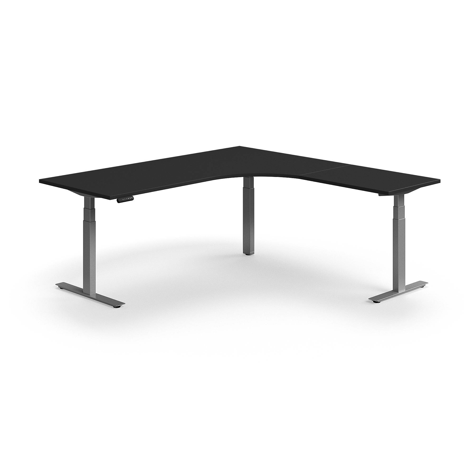 Hörnskrivbord QBUS, höj- och sänkbart, 2000x2000 mm, silver, svart