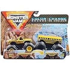 Monster Jam 2021 färgändring 2-pack El Toro Loco gul vs högre utbildning skolbuss 1:64 skala formgjutna monster lastbilar