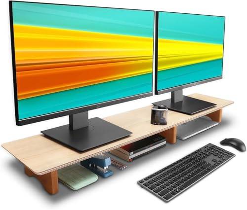 Aothia Stort stativ för dubbla bildskärmar, trähöjare med hållbara korkben för laptop/dator/TV/PC, perfekt skärmhylla för ditt kontor/hem (ek, stor)