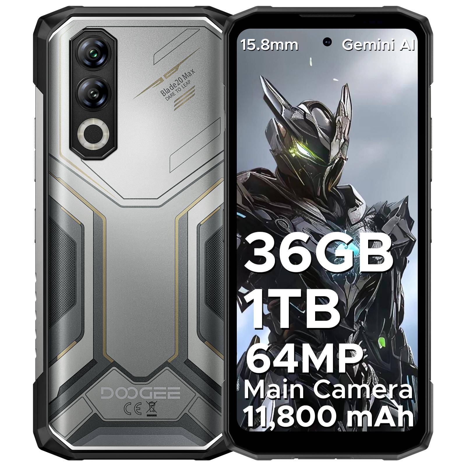 DOOGEE Blade 20 Max Android 15 Tålig Smartphone, 36GB + 1TB ROM/TF 2TB, 11800mAh/33W, 6.6tum 120Hz+64MP, 3 kortplatser/4G SIM/NFC/GPS/Ansiktsigenkänning silver