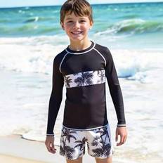 Tween Boy Växttryckt Långärmad Rash Guard Och Shorts 2-Delad Baddräkt - Svart och Vitt (8Y,9Y,10Y,11Y,12Y)