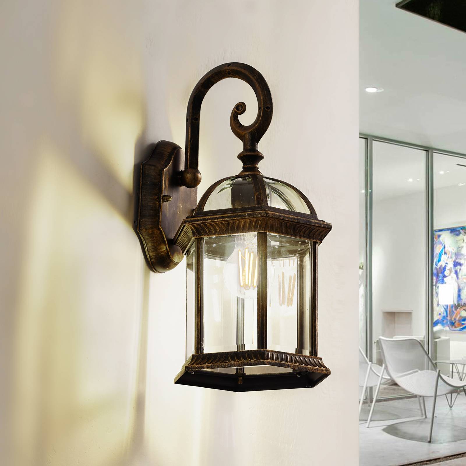 Vägglampa utomhus Adelisa Lindby, dimbar, Brun / mässing, Aluminium / grå / zink, Lantlig / rustik, Utomhusvägglampa