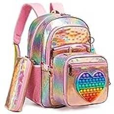 HTgroce skolväska flicka för flickor, pop it ryggsäck, skolväskor flickor set 3 i 1 med lunchväska och pennfodral, pop fidget bag, Ryggsäck