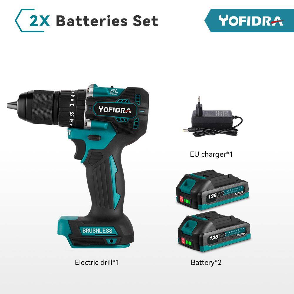 YOFIDRA 13mm Borstlös Elektrisk Slagborrmaskin 2 Växlar 35+3 Vridmoment Sladdlös Effektiv Elektrisk Skruvdragare För Makita 18V Batteri 2xBattery -EU plug