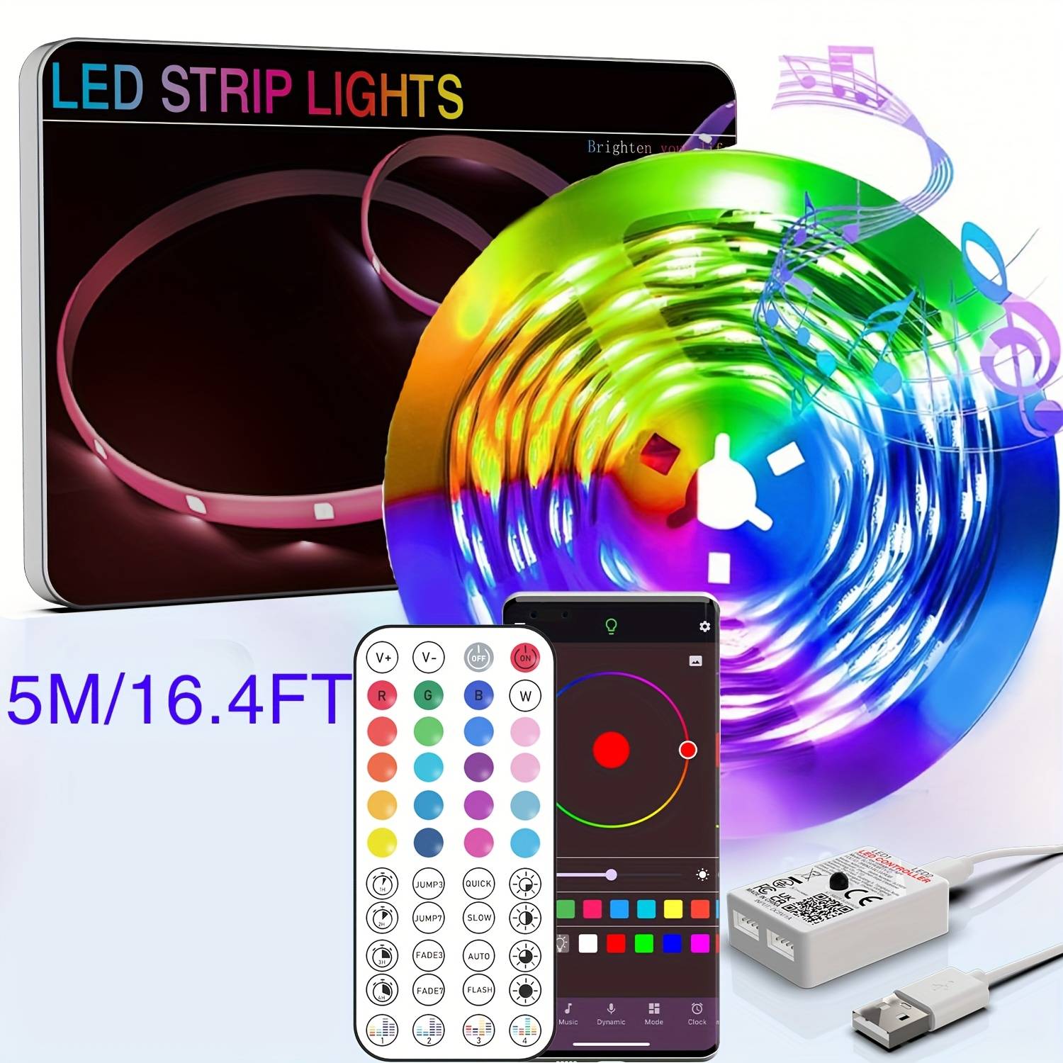 Nbbuff Smart Led Lights For Bedroom, 3.28ft-100ft Smart App Control Music Sync Color Changing Strip Lights With Remote And Timing, For Room Home Party Decoration Wall Decoration
