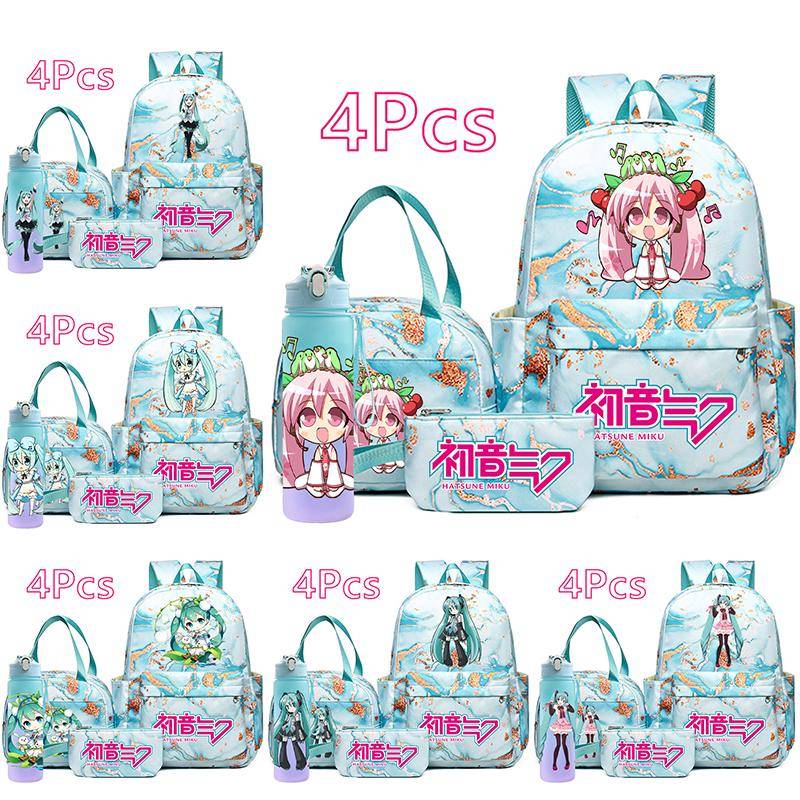 4 st/set Tecknad Hatsune Miku Tryckt Ryggsäck Handväska Pennfodral med 750 ml Vattenflaska för Tonåring Pojke Flicka Stor Kapacitet Vattentät Skolväsk