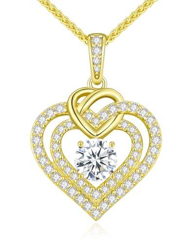 Kette Damen Moissanite Halskette Damen Silber 925, Doppel Herz VVS1 Reinheit D Farbe, Frauen Schmuck Geburtstags Geschenk für Sie Freundin Weihnachten Valentinstag Muttertags (1 Karat 14K Vergoldet)
