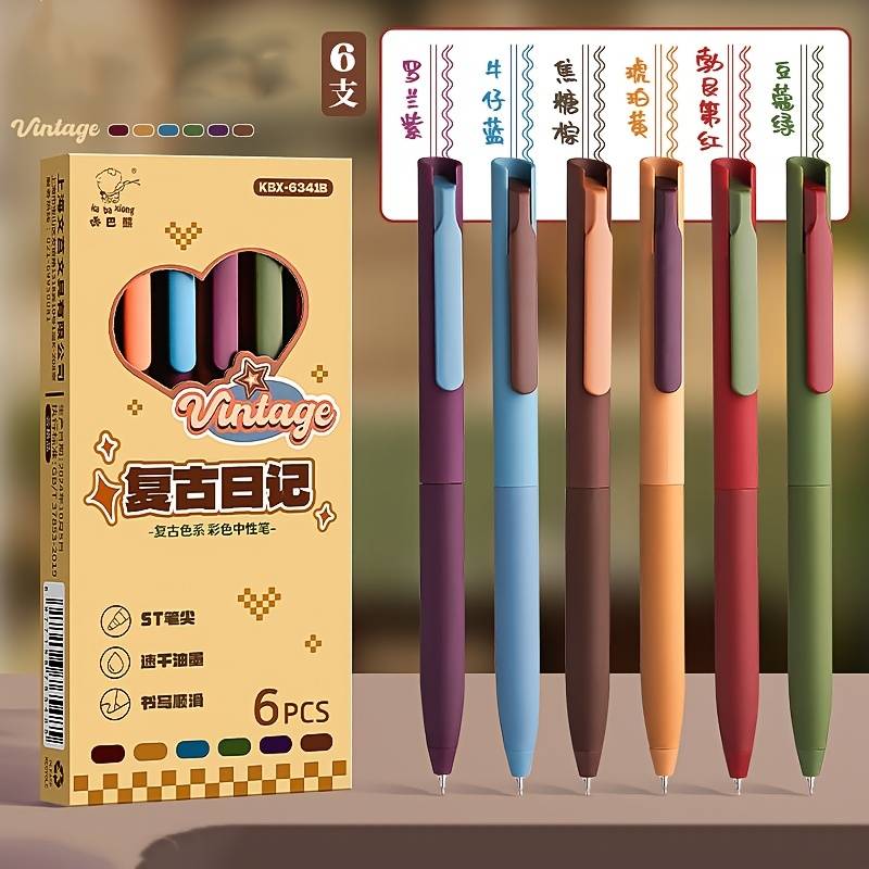 TEMU 6 Retro Dopamine-colored Gel Pens, 0.5mm Fine Tip, Quick-drying, Plastic Material, For Journaling, Drawing, And Note-taking