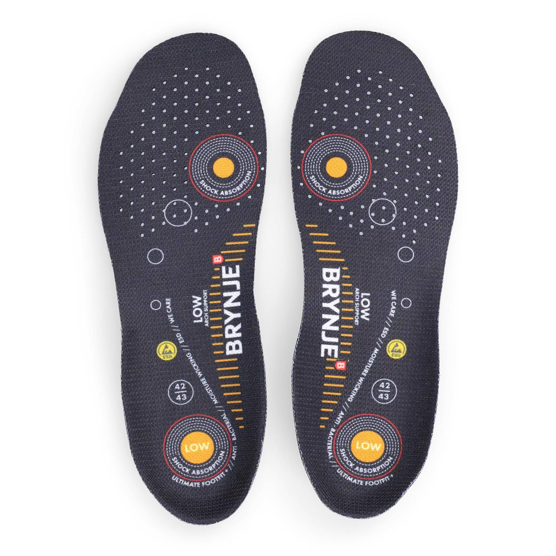 BRYNJE® Low Arch Support (orange) Ultimate Footfit+ Svangstøttende ESD indlægssål Str. 46/47.
