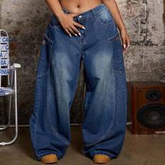 Plus Size Women&#39;s Fashion Embroidered Denim Wide Leg Trousers, Non-Stretch - Blue - US22,US24,US26,US28,US30