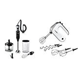 Bosch MSM67170 ErgoMixx Stabmixer-Set (Edelstahl-Mixfuß, Mixbecher, 12 Geschwindigkeitsstufen, 750 Watt) schwarz/grau & MFQ4835DE Styline, Premium-Handrührer, 2 Paar Rührbesen, 575 W, Edelstahl, weiß