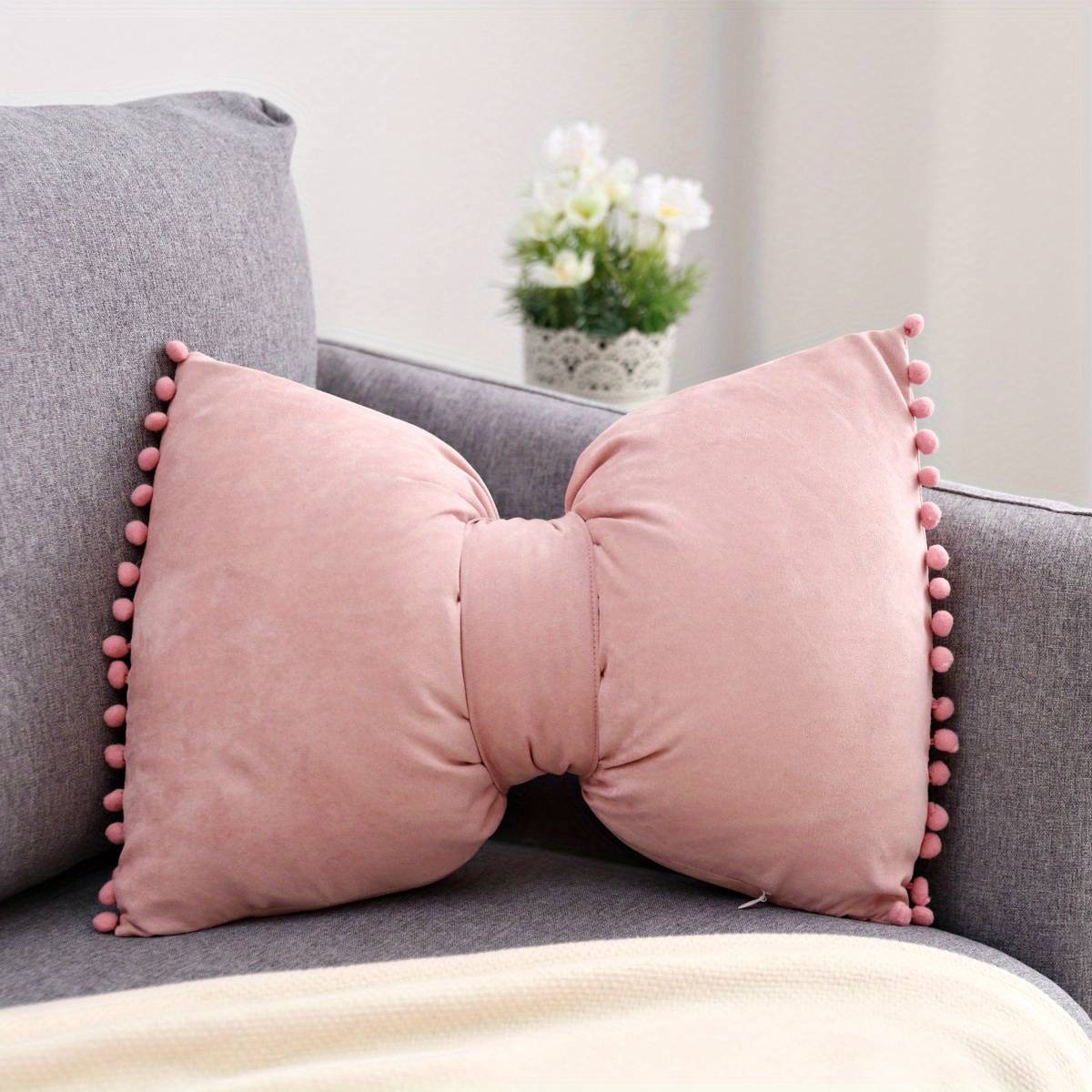1pc Suede Fuzzy Pom Pom Bow Throw Pillow Cover - Removable Strap, Perfect For Bedroom, Sofa, And Living Room Decor - 12x20 Inches