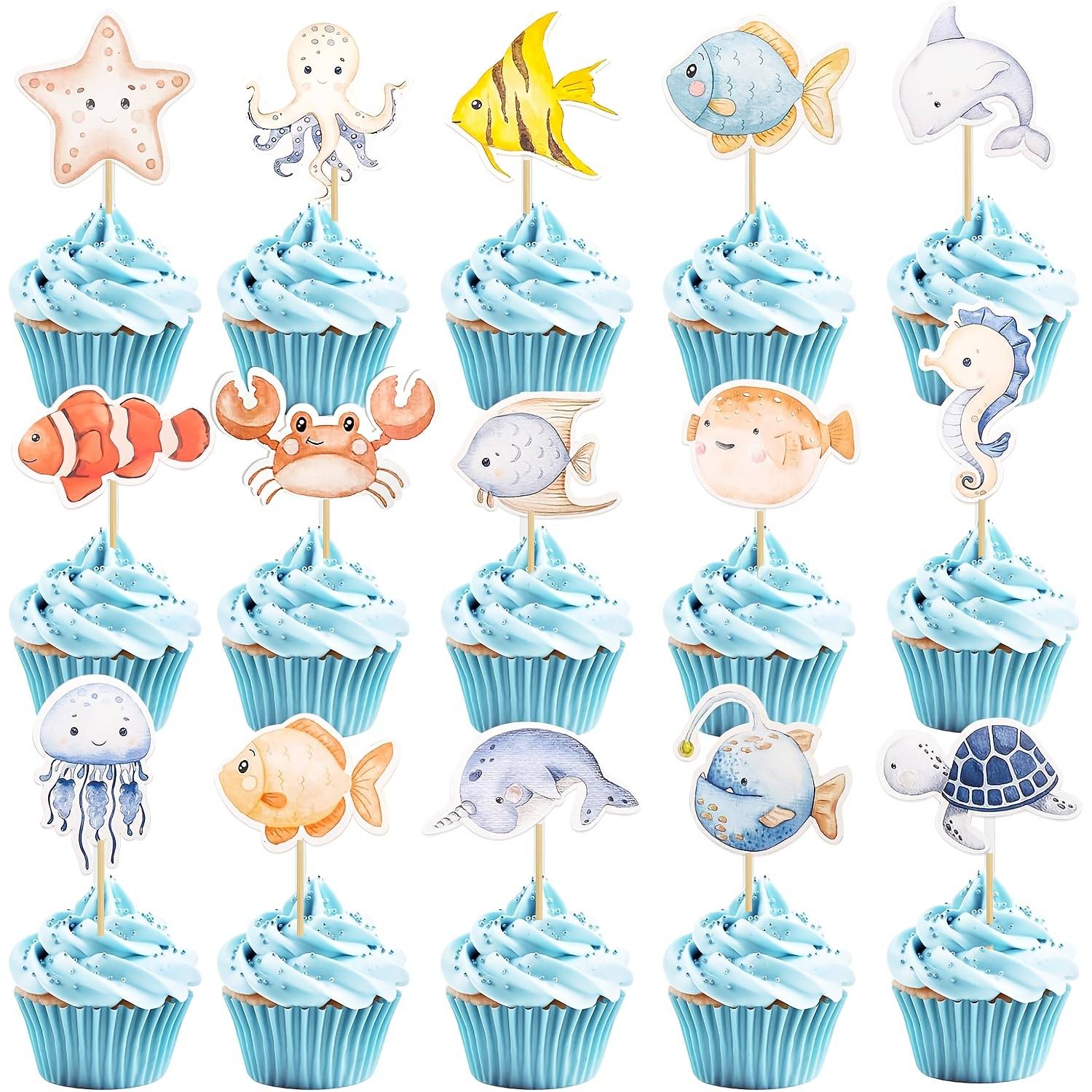 18pcs Sea Animals Cupcake Toppers, Ocean Theme Cake Decoration Birthday, Decoration Cake, Fish Muffin Decoration, Seahorse Cupcake Decoration For Birthday, Baby Shower Cupcake Toppers