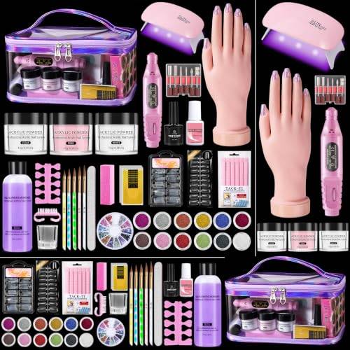 Akrylnagelkit för nybörjare med allt, övningshand och förvaringsväska | Nagelstartkit med borr, lampa, akrylpulver, flytande monomer, 12 färger glitter och nagelkonstverktyg komplett set för