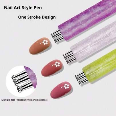 Akryl Dotting Pen 3D Builder Nagelgelpensel Glitterpulver One-Stroke Formning Kronblads- och Blommönster DIY Nagelkonstverktyg - Multifärgad