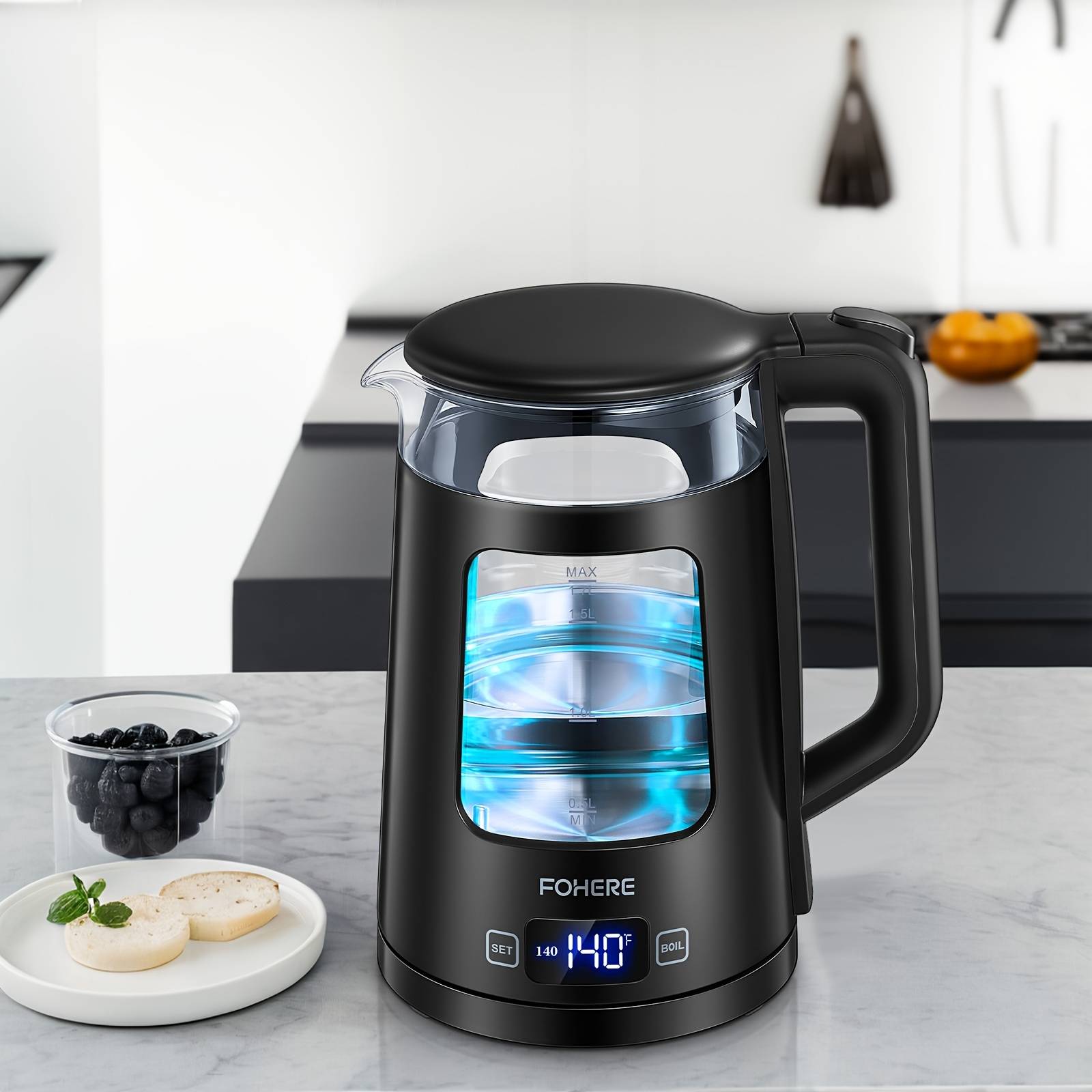 TEMU Electric Kettle, 1.7l Glass Tea Kettle, With , 5 Temperature Control, 2200w Fast Boil, Auto Shut-off & Boil-, With 5 Colored Lights, Hot Tea Machine, Chilling Water Machine, Beverage Machine