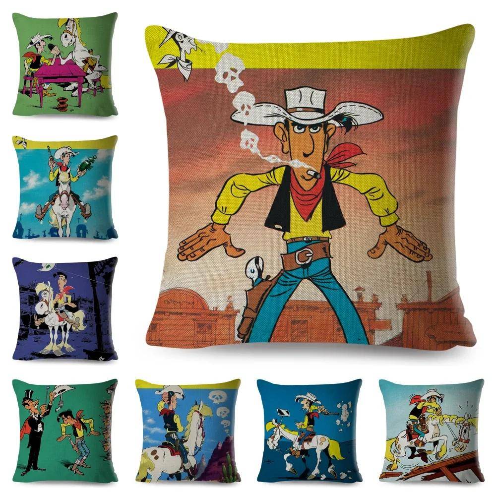 Lucky Luke Kuddfodral Dekor Tecknad Anime Tryck Kuddfodral för Soffa Hem Barnrum Polyester Kuddfodral 45x45cm