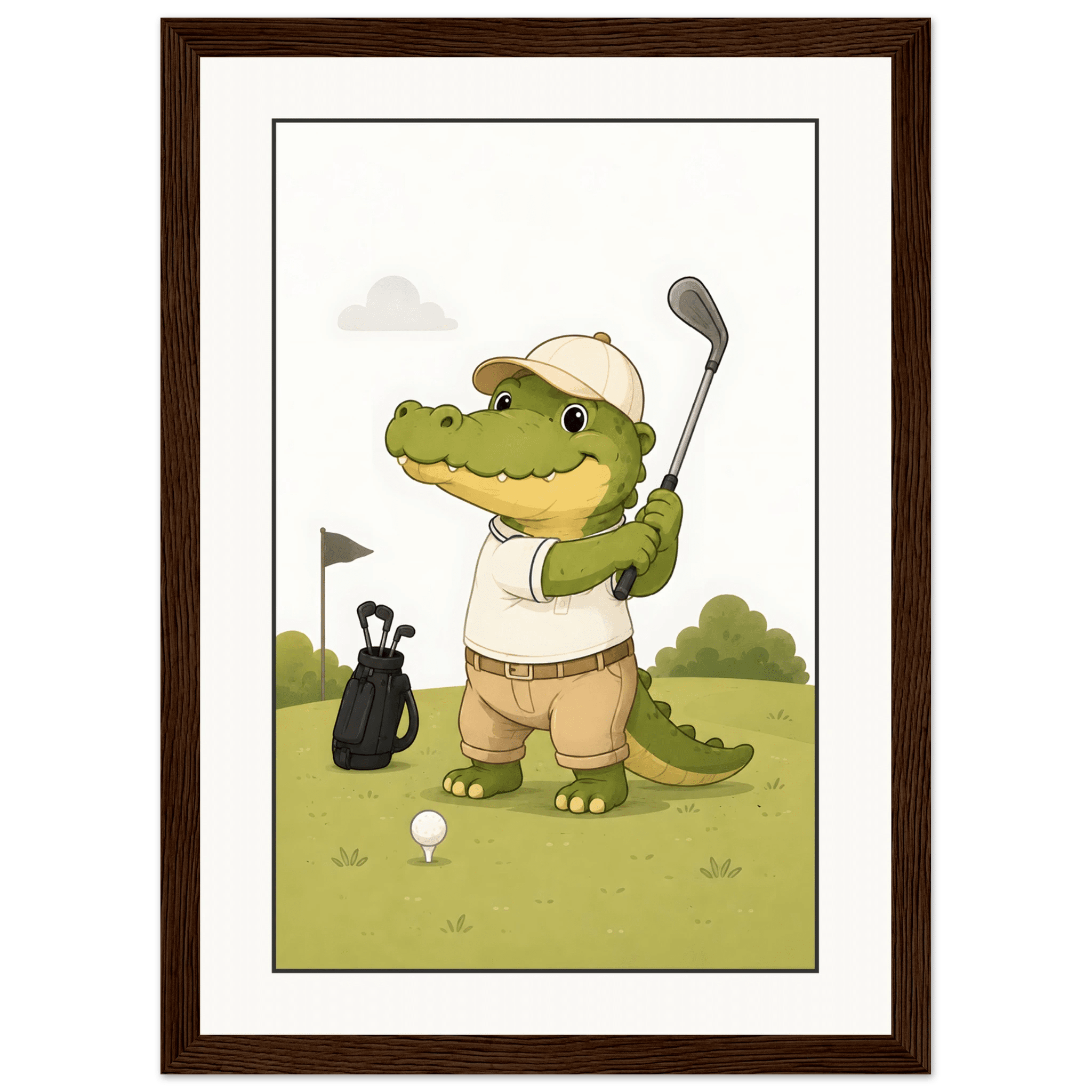 Krokodil spelar golf-21x29.7 cm / 8x12" / Med ram / Mörkt trä