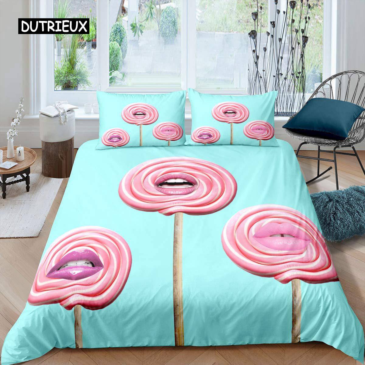 Lollipop Påslakanset Mat-tema Täcke Överdrag Blått Bubbla Sängkläder Set för Barn Barn Kvinnor Flickaktigt Drömskt Täcköverdrag EU single(135x200cm)