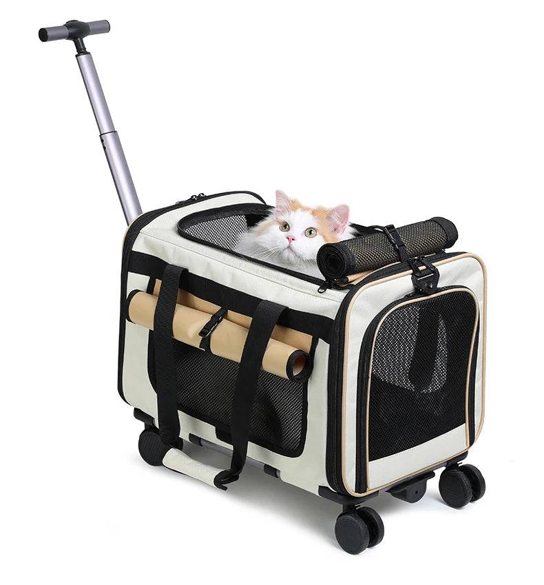 Foldable Pet Trolley Carrier Bag — Extra Large Detachable Travel Case - Khaki