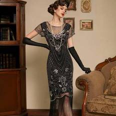 LVNES 1920-tals art déco-klänning med fransar och paljetter, 20-tals klänning med flapper-motiv - Svart (L,M,S,XL,XS,XXL)