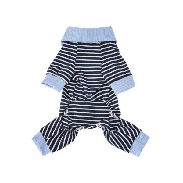 Sommar tunn fyrbent polyester hundoverall med randig krage - andningsbar och snabbtorkande hundoutfit för Maltese och Bichon i flera storlekar Blue M