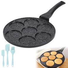 Stekpanna – pannkakspanna med 7 hål, pannkakspanna med oljepensel, äggpanna, ögonpanna, non-stick stekpanna, frukostpanna för pannkakor, omeletter, stekta ägg, pannkakor (Ø 26 cm)