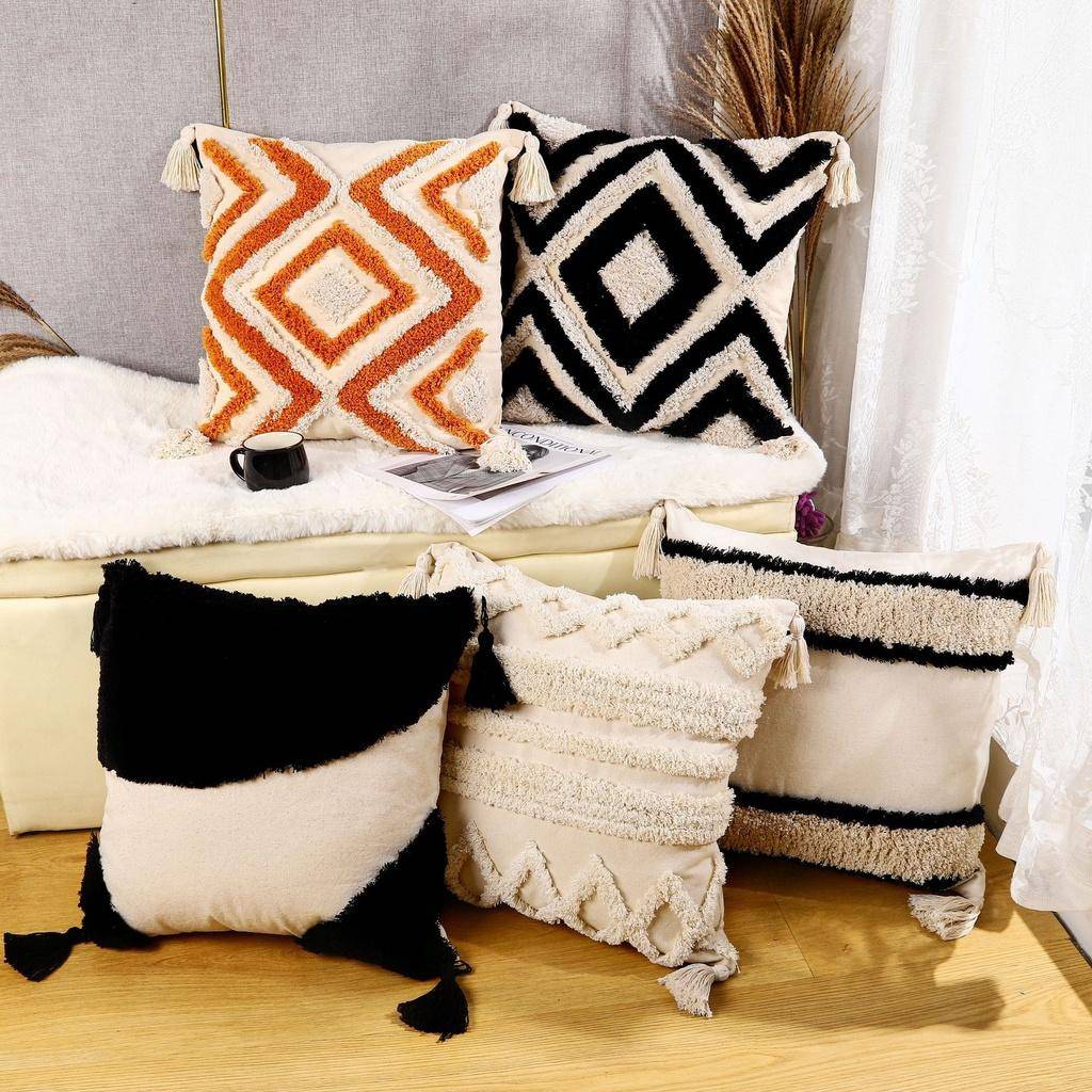 Nordic Ins Bohemian Style broderade kuddar, soffor, sänghuvuden, midjekuddar, tofsade tofsar, plysch flytande fönsterkuddfodral (Utan Core)