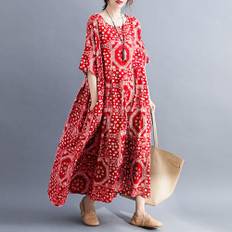 Women Loose Dress Print O Neck Half Sleeve Pocket Vintage Oversized Dress Holiday Boho Dress One Size