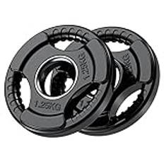 PhysKcal olympiska viktplattor, 2 x 1,25 kg med gummifinish, 5 cm öppning och tregrepp, svarta skivstänger skivor i par eller enkla för lyft- och styrketräning, solida gjutjärnsvikter set