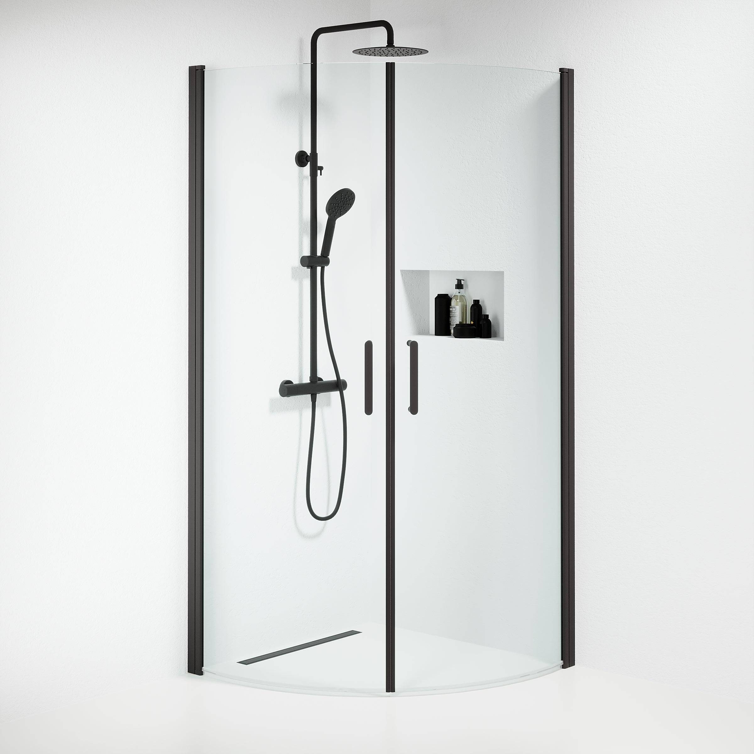 Sandefjord Brusehjørne, Buet, Sort Profil, Klar Glas - 80 x 80 cm