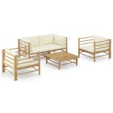 Patio Furniture Sets 5 Piece Garden Lounge Set With Cream White Cushions Bamboo One Size vit