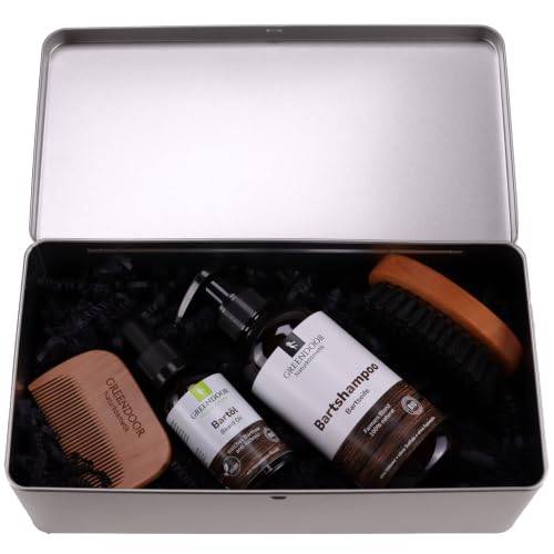 SUPER-SALE, LUXUS skäggvårdsset MUENCHEN SPARPREIS, Greendoor Bio bartvål Bartbalsam skäggborste stor skäggkam trä skäggsax metallbox presentset presenter män helskonad vård