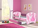 CLAMARO "Fantasia Pink", 160 x 80 barnsäng, set inklusive madrass, ribbotten och med förvaringslåda, med justerbart fallskydd och kantskyddslister, design: 08 prinsessa, enhörning