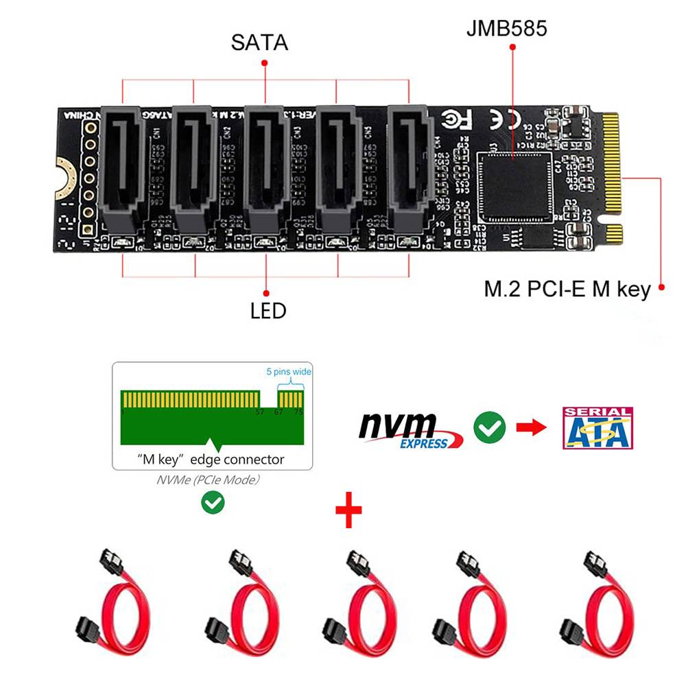 JoniSerl  NGFF NVME M-Key PCI Express to SATA 3.0 6Gbps 5 Ports Adapter Converter Hard Drive Extension Card JMB585 2280