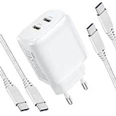 Dubbel 25 W USB-C-laddare och 2-pack kabel för Samsung Galaxy S23/S23 Plus/S23 Ultra/S24 S22 S21 FE, A54 5G/A34 A14 A25 A53 A33 A23 5G/A52 A52S/M23 M33 M53 M53 Not 10 20, mobil adapter snabbladdning