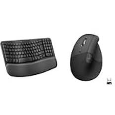 Logitech Wave Keys – trådlöst ergonomiskt tangentbord - Grafit, Layout tysk QWERTZ & Logitech Lift Left Vertikal ergonomisk mus, vänsterhänt, trådlös, Bluetooth/Logi Bolt USB, ljudlösa klick, PC - Grå