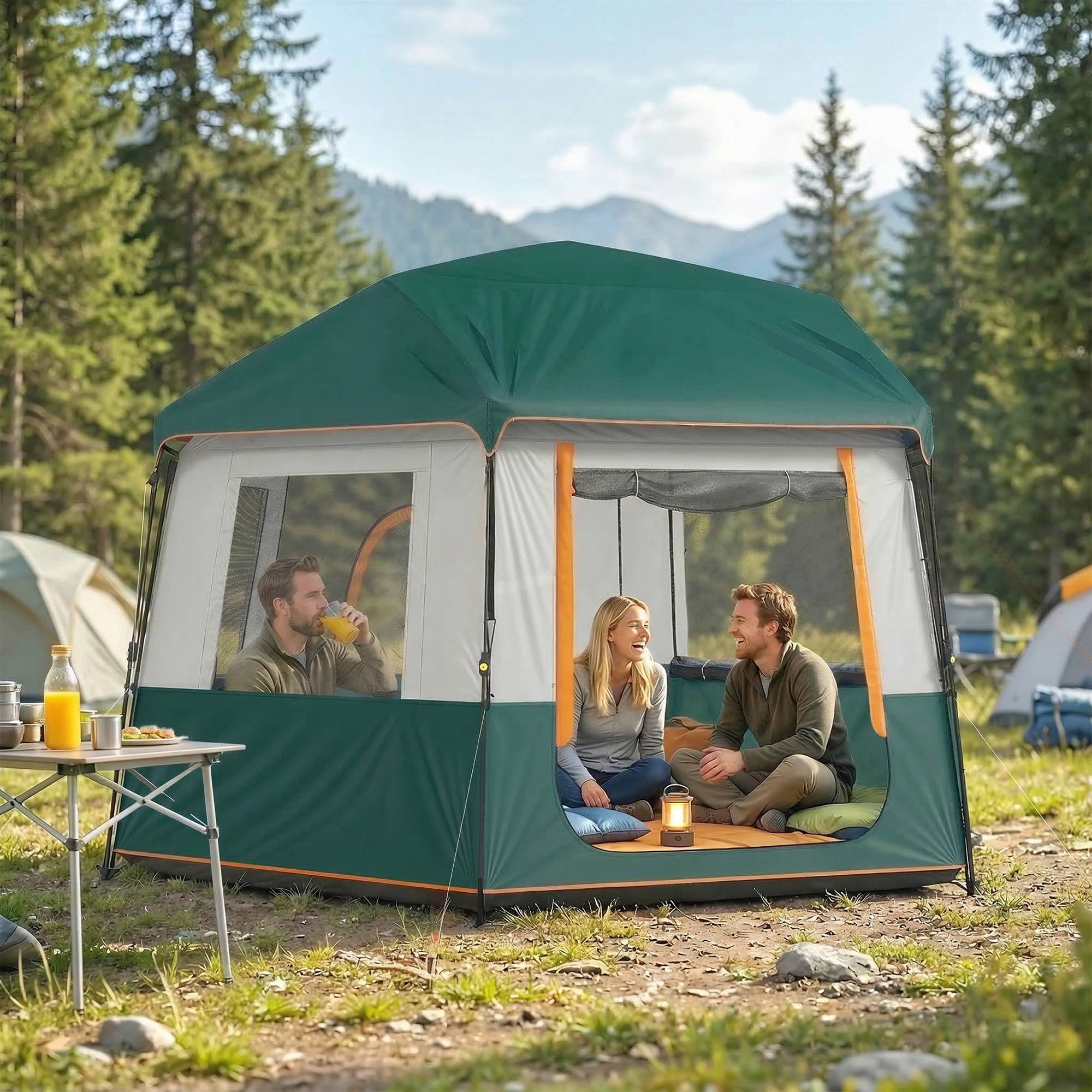 Campingtelt til 4-6 personer, stabilt 3000 mm vandtæt familietelt med aftageligt topdæksel, UV30+ beskyttelse, grøn.